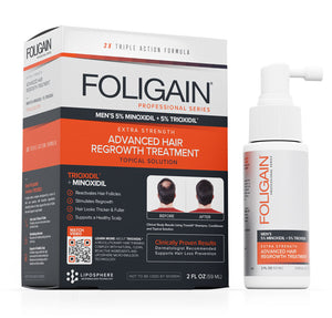 含5%米諾地爾和5% TRIOXIDIL的FOLIGAIN男用外用護理產品，附包裝盒與噴霧瓶。