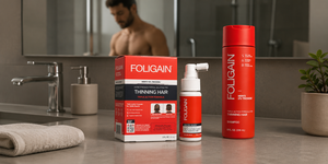 浴室檯面上擺放的FOLIGAIN男用TRIOXIDIL外用護理產品與洗髮精。