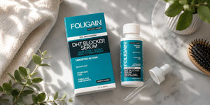 大理石表面上的FOLIGAIN DHT精华液包装盒、瓶子和滴管，旁边是一把发梳。