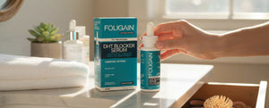 浴室檯面上的FOLIGAIN DHT精華液瓶與包裝盒，一隻手拿著滴管瓶蓋。