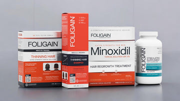 FOLIGAIN男士护发套装，包含洗发水、外用护理产品、米诺地尔和护发营养补充剂。