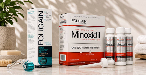 FOLIGAIN头发与头皮滚轮，旁边是包含瓶装产品、包装盒和滴管的5%米诺地尔套装。