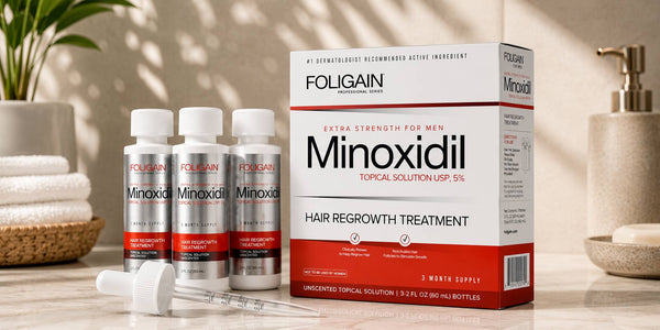 FOLIGAIN 5%米諾地爾3個月份用量包裝，包含3瓶、包裝盒與滴管。