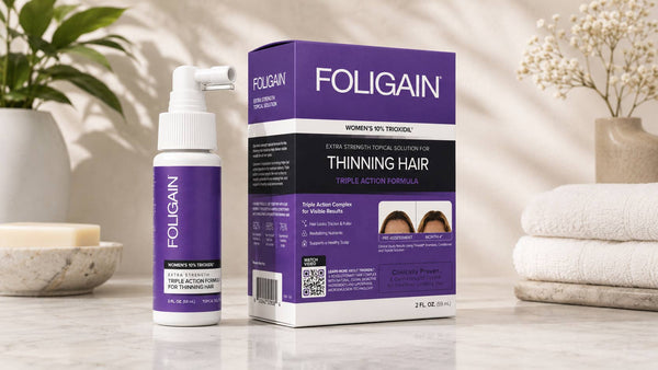 FOLIGAIN女士10% TRIOXIDIL外用护理产品瓶和包装盒。