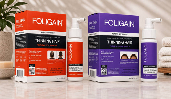 FOLIGAIN男士和女士10% TRIOXIDIL外用护理产品瓶及包装盒。