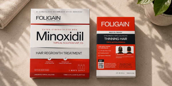 浴室檯面上的FOLIGAIN 5%米諾地爾與男用10% TRIOXIDIL包裝盒。