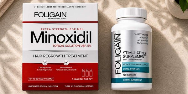 FOLIGAIN 5%米諾地爾3個月份用量包裝，旁邊是120錠裝的活力營養補充品膠囊形錠劑。