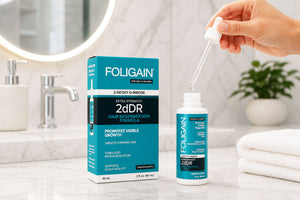 FOLIGAIN 2dDR毛发再生精华液瓶、包装盒和滴管