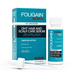 含12% TRICHOGEN的FOLIGAIN DHT头发与头皮护理精华液，60 mL瓶、包装盒和滴管。